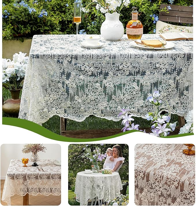 Lace Embroidered Tablecloth. Rectangle Lace Vintage Tablecloth Dustproof Table Protector for Kitchen Dining Room Party Banquet Home Picnic Wedding Decoration (Creamy White 70.5×53 inch)