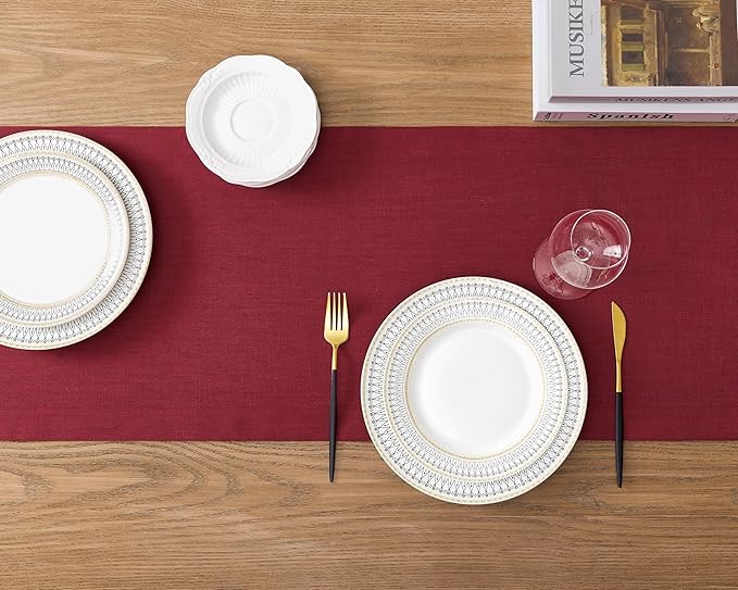 ZeeMart Linen Textured Border Table Runner, 14 x 72 Inch Red, Farmhouse Style Red Table Runners 72 Inches Long, Easy Care Everyday Polyester Table Runner