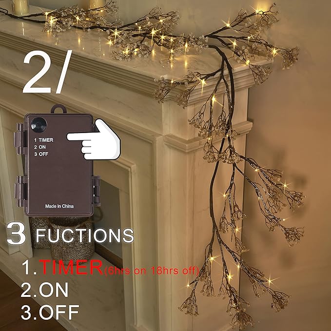 Fudios Lighted Garland Flowers for Mantle with Timer Battery 48 LED 6ft Vine Garlands for Decor with Flowers and Lights for Summer Wedding Party