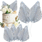 Gyufise 6Pcs Paper Palm Fan Cake Topper Palm Leaf Fan Cake Pick for DIY Bakeware Craft Project Home Made Wedding Bridal Shower Birthday Anniversary Party Cake Decorations Supplies Metallic Silver