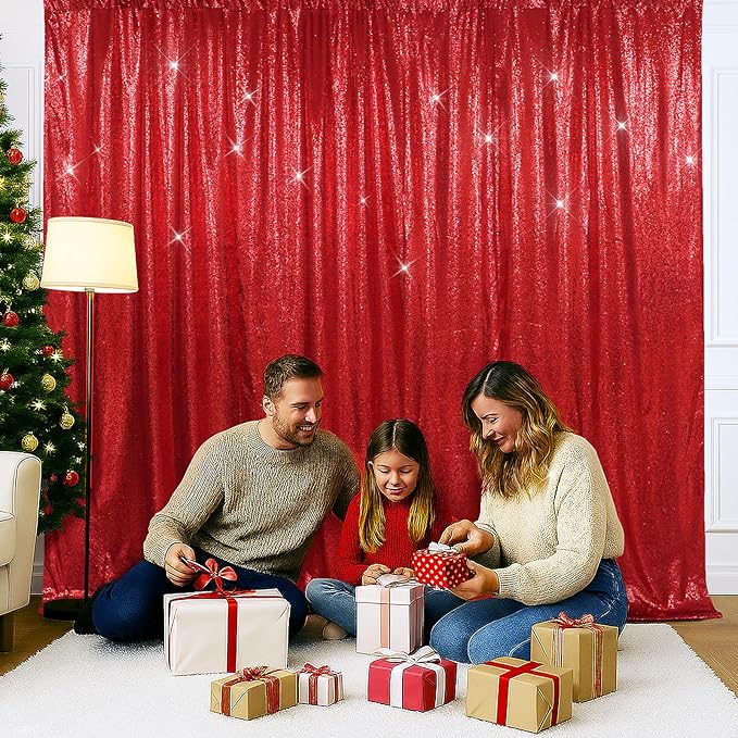SquarePie Sequin Backdrop Less Transparent Background Sparkly Curtain for Wedding Christmas Party 6FT x 6FT Red