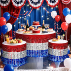2 Pack Red&White&Blue Table Skirts, 29x108" Metallic Foil Tinsel Fringe Table Skirt for Rectangle Tables Streamer Curtains Backdrop, Party Decorations for Birthdays, Weddings, Holidays