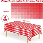 4Pack Plastic Table Cloth Ddisposable, 54" x 108" Table Cloth Rectangle Table, Waterproof Red and White Checkered Tablecloth, Outdoor Picnic Table Cover for Birthday Party Gathering Holiday Dinner