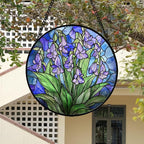 Stained Glass Suncatcher, Blue Purple Flowers Green Leaves Sun Catcher Plants Stain Glass Window Hanging Decoration Mother's Day Birthday Gifts for Women Men Mom and Nana 6.3 in