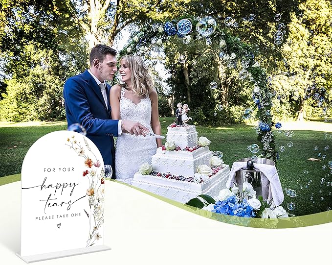 Boho Floral Happy Tears Tissue Sign, 6 x 8 Inch White Arch Acrylic Wedding Sign with Holder, Wedding Sign for Ceremony and Reception, Wedding Decoration, Wedding Supplies - BX25