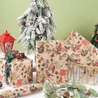 RUSPEPA Kraft Christmas Wrapping Paper Roll, Mini Roll, Watercolor Bird and Botanical Design with Flowers & Pinecones, Kraft Gift Wrap for Women, Friends, Holiday, Winter Party, 17 Inches x 16.4 Feet