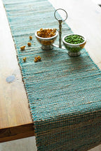 Chardin home Natural Jute Table Runner 13x72 Inch – Vintage Boho Rustic Table Decor – Handwoven Table Runner in Natural Jute and Aqua Turquoise – Farmhouse Dining or Console Table Accent