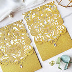 Hosmsua 50PCS Blank Wedding Invitation Cards 5 x 7.3 Inch Gold Laser Cut Hollow Heart Floral Invitation with Rhinestone pockets invitations for Engagement Quinceanera Invite (Gold Glitter)