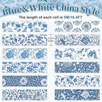 Whaline 12 Rolls Blue Floral Washi Tape Chinoiserie Flower Washi Tape Vintage Masking Decorative Gift Wrapping Paper Tape for DIY Craft Scrapbook Envelope Party Favor Supplies