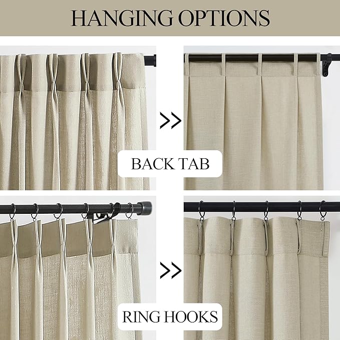 Vision Home Sand Pinch Pleated Semi Sheer Curtains Textured Linen Blended Light Filtering Window Curtains 108 inch for Living Room Bedroom Pinch Pleat Drapes with Hooks 2 Panels 9ft 40" Wx108 L