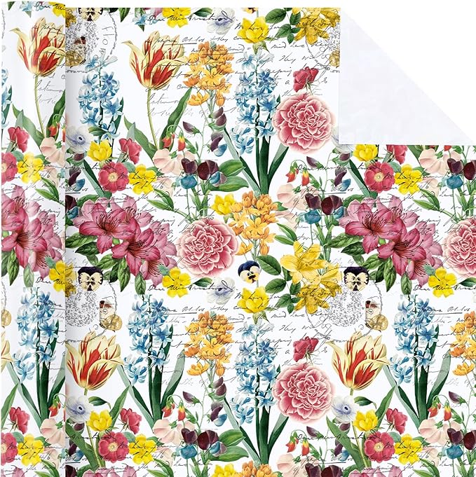 WRAPAHOLIC Floral Wrapping Paper Roll - Mini Roll - 17 Inch x 33 Feet - Garden Flower Wrapping Paper, Perfect for Girls Women Birthday, Wedding, Bridal Shower