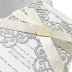 50Pcs Laser Cut Wedding Invitation With Glitter Envelopes And Ribbons Blank Personalized Card Invitaciones Para quinceañera Birthday Baby Shower Christmas Party Bridal Shower (Silver)