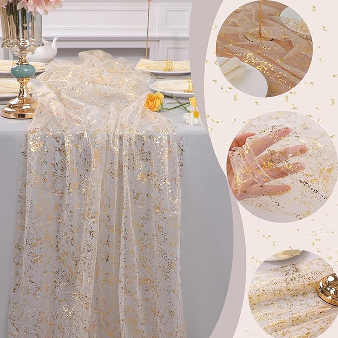 Snowkingdom 10 Ft Gold Table Runner, Sheer Chiffon Tulle Cheesecloth Golden Sequin Glitter Metallic Foil, Gold Party Table Decorations Centerpiece for Wedding Birthday Christmas Bridal Baby Shower