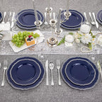 Hioasis 60pcs Blue Plastic Plates - Blue and Silver Disposable Dinnerware with Gold Rim, Heavy-duty, 10.25 inch, Dinner Plates for Party & Wedding