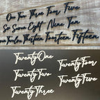 Cursive Wedding Table Number SET, DIY thin modern Black or White acrylic cutouts with silicone glue included. Words only, no backing (One - Five, Matte Black)