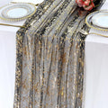 LOMOHOO 10 Ft Black Table Runner, Black Sheer Sequin Table Runners 120 Inches Long Glitter Metallic Foil Lace Fabric Table Decor for Birthday Party Wedding Anniversary Centerpiece (2pcs)