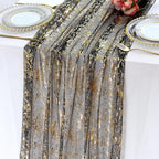 LOMOHOO 10 Ft Black Table Runner, Black Sheer Sequin Table Runners 120 Inches Long Glitter Metallic Foil Lace Fabric Table Decor for Birthday Party Wedding Anniversary Centerpiece (1pcs)