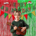 BRAVESHINE Tinsel Foil Fringe Curtains - 2 Pack 3.2 x 8.2 ft Metallic Photo Booth Streamer Backdrops for Birthdays Fiestas Melons Hawaiian Luau Tropical-Theme Christmas Party Decorations - Red Green
