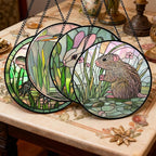 Stained Glass Window Hanging 4 Pcs Set Cute Animal Large 11.8"- Green Plant Pink Suncatcher Door Garden Sun Catcher Decor Birthday Christmas for Mom Woman Nana Men Friend
