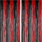 2 Pack 3.3x8.2 Feet Red and Black Foil Fringe Backdrop Curtains, Tinsel Streamers Birthday Party Decorations, Fringe Backdrop for Graduation, Movie Night, Horror Party