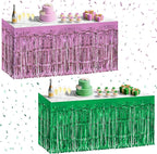 2 Pack Light Pink Green Table Skirts, 29x108" Metallic Foil Tinsel Fringe Table Skirt for Rectangle Tables Streamer Curtains Backdrop, Party Decorations for Birthdays, Weddings, Holidays
