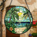 Stained Glass Window Hanging, Green Beach Scenery Suncatcher Diamond Glass Panel Hangings Sun Catchers Decor for Birthday for Women, Men, Wife, Aunt, and Mom 11.8x11.8 in