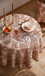 ISAENNE Designer French Red Round Tablecloth,Fall Linen Table Cloth with Cashew Pattern,Stain Proof Decor Tablecloths for Dining Thanksgiving Kitchen Christmas,Diameter 67"-Chauffrey D