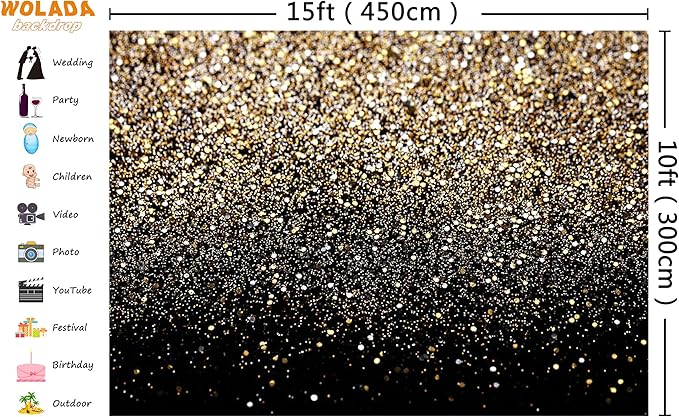 WOLADA Black and Gold Backdrop Golden Glitter Backdrop for Photography Wedding Birthday Baby Shower Party Photo Studio 15x10FT 11176