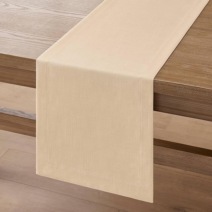 ZeeMart Linen Textured Border Table Runner, 14 x 36 Inch Oatmeal, Farmhouse Style Beige Table Runners 36 Inches Long, Easy Care Everyday Polyester Table Runner