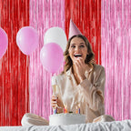 2 Pack Backdrop Curtains, 3.28 Feet x 7.05 Feet Red Pink Backdrop, Metallic Fringe Curtains Tinsel Backdrop Party Streamer, Babie Backdrop Happy Birthday Party Supplies Decorations