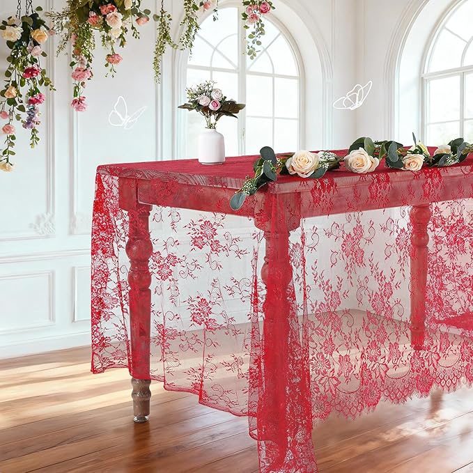 LuoluoHouse Red Tablecloth Christmas Lace Table Fabric 2pcs 60x120 Inch for Birthday Rustic Wedding Bridal Shower Party Decoration Rectangle Overlay Vintage Embroidered Reception Table Cloth Decor