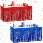 2 Pack Red Dark Blue Table Skirts, 29x108" Metallic Foil Tinsel Fringe Table Skirt for Rectangle Tables Streamer Curtains Backdrop, Party Decorations for Birthdays, Weddings, Holidays