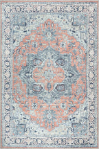 Bloom Rugs Washable Non-Slip 4' x 6' Rug - Coral/Blue Traditional Medallion Area Rug for Living Room, Bedroom, Dining Room, and Kitchen - Exact Size: 4' x 6'