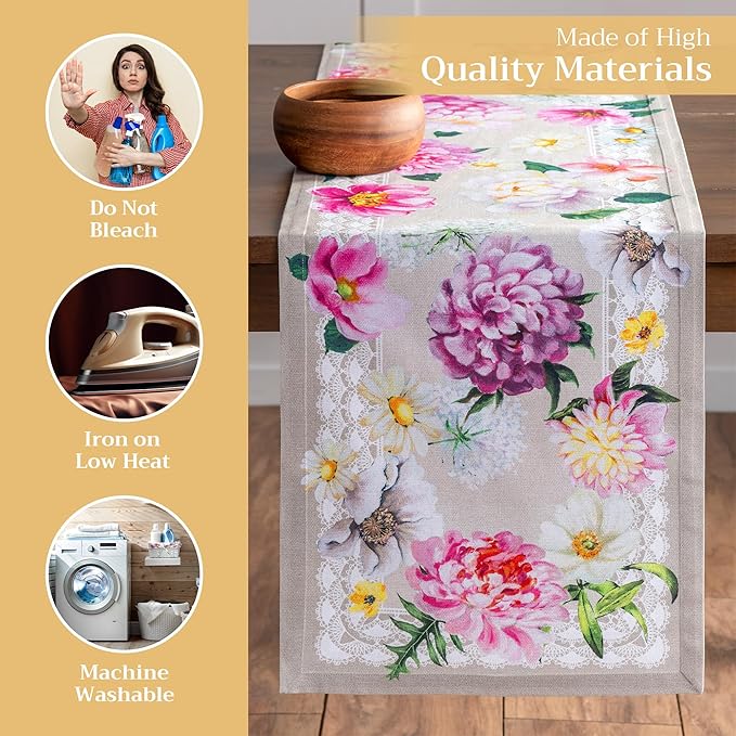 Maison d' Hermine Table Runner 100% Cotton Single Layer Table Runners 72 inches Long Decorative for Home Kitchen Dining Party Baby Shower Wedding Bridal Shower Spring Summer (Pivoine, 14.50" x 72")