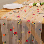 BINBE 3pcs Champagne Daisy Fall Table Runner Embroidery Gauze 10FT Florals Seasonal Tulle Holiday Birthday Kitchen Dining Table Decor for Home Party