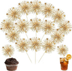 Ephlyn 30Pcs Foil Firework Cupcake Toppers Party Birthday Cake Toppers Supplies Sparkle Tinsel Cocktail Fruit Toothpick for Birthday Wedding Graduation Party Supplies Gold