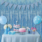 BRAVESHINE Light Blue Tinsel Foil Fringe Curtains - 2Pcs 3.2x8.2 ft Metallic Holiday Photo Booth Backdrop for Easter Birthdays Mermaid Frozen Sea Bachelorette Party Streamers Decorations