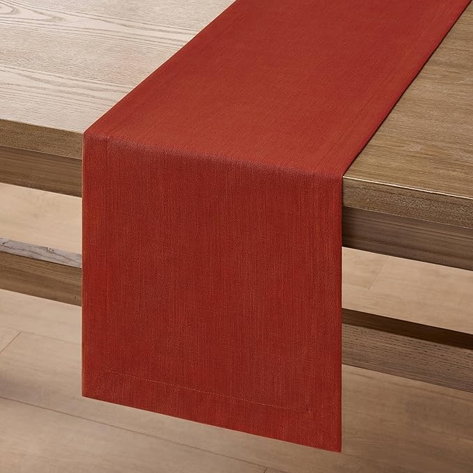 ZeeMart Linen Textured Border Table Runner, 14 x 72 Inch Orange, Farmhouse Style Burnt Orange Fall Table Runners 72 Inches Long, Easy Care Everyday Polyester Table Runner