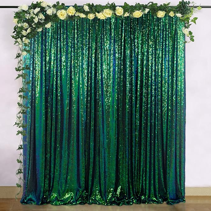 ShinyBeauty Iridescent Green Sequin Backdrop 20x10FT Glitter Fabric Photograph Sequins Green Blue Shimmer Wall Studio Background