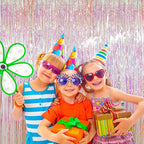 BTSD-home 4 Pack Iridescent Backdrop Transparent Clear Foil Fringe Curtain, Metallic Photo Booth Tinsel for Mermaid Frozen ERAS Wedding Birthday Baby Shower Bachelorette Party Decorations(8ft x 3ft)