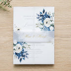 PONATIA 50PCS Vellum Jackets for 5x7 Invitation Cards- 135GSM Dusty Blue Flowers Vellum Sleeves, Wedding Invitations Wraps - Transparent Christmas Gift Cards Jackets