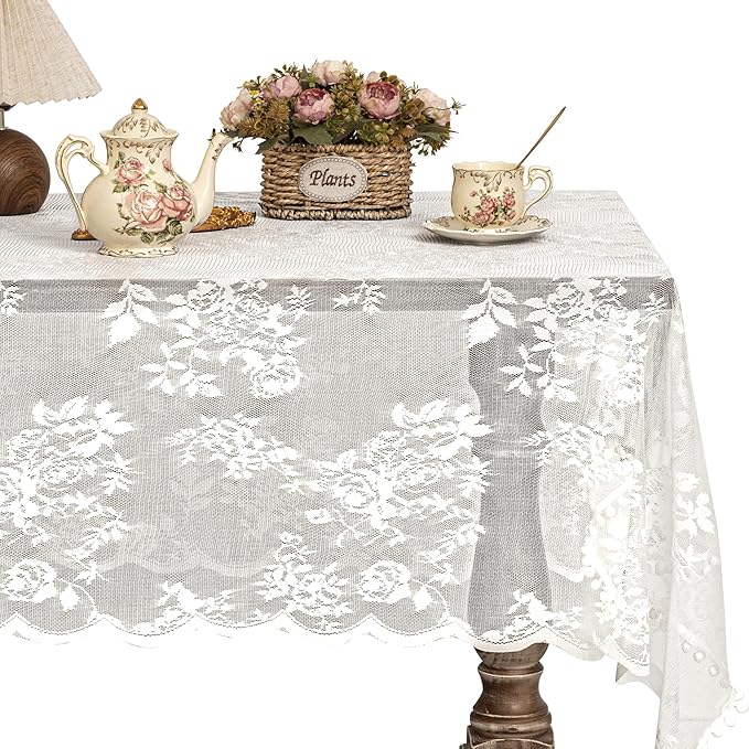 Jayla White Lace Tablecloth for Rectangular Tables, Vintage Style Wedding Table Cloths for Reception, Baby Shower, Birthday Party, Formal Dining, Dinner Parties 60 X 84 Inches