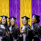 2 Pack Graduation Backdrop, 3.28 FT x 7.05 FT Grad Party Decorations 2025, Purple Gold Backdrop Foil Fringe Curtains, Metallic Purple and Gold Graduation Decorations Class of 2025 Decor