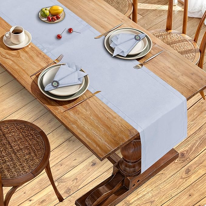 Ruvanti Linen Table Runner 120 Inches, Classic Hemstitch, Washable, Reusable, Non-Slipping, Stain Resistant- Perfect for Parties, Weddings, Dinners, Thanksgiving, Christmas, Indoor use – Arctic Ice