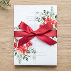 PONATIA 50 PCS 135gsm Vellum Jackets for 5x7 Wedding Invitation Cards- Christmas Red Floral Printed Vellum Sleeves, Invitation Cards Wraps, Christmas Cards Jackets