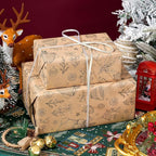 Ulmasinn Vintage Christmas Wrapping Paper Roll - Brown Kraft Paper 17" x33ft - with Cutting Line, Hand-Drawn Holiday Elements, Xmas Gift Wrap for Presents, Table Decor & Crafting
