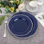 Hioasis 60pcs Blue Plastic Plates - Blue and Silver Disposable Dinnerware with Gold Rim, Heavy-duty, 7.5 inch, Dessert Plates for Party & Wedding