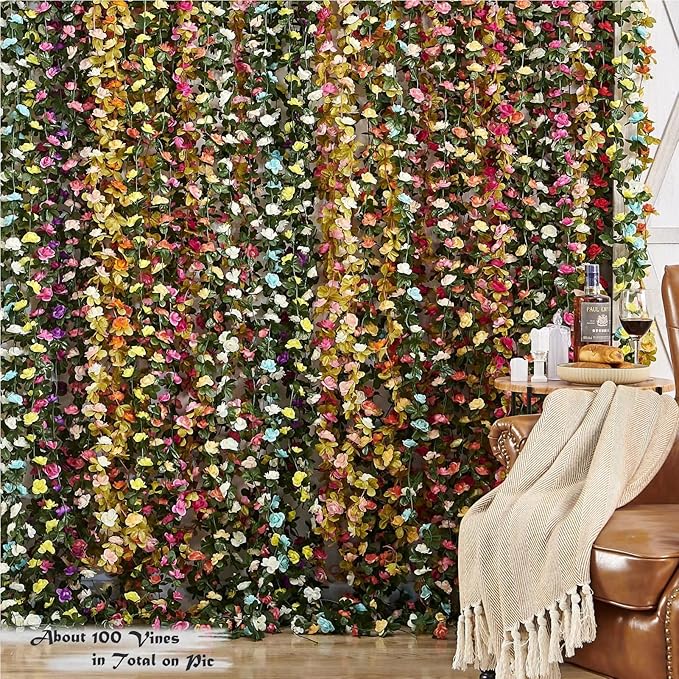 6 Pcs x 8.2 ft Flower Garland Artificial Rose Vine Flowers with Green Leaves Hanging Fake Roses Vine for Room Party Home Wedding Birthday Christmas Wall Arch Decor, White Blue Flower