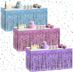 3 Pack Light Pink & Blue & Purple Table Skirts, 29x108" Metallic Foil Tinsel Fringe Table Skirt for Rectangle Tables Streamer Curtains Backdrop, Party Decorations for Birthdays, Weddings, Holidays