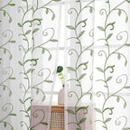VISIONTEX Embroidered Green Sheer Voile Curtains, Leaves Embroidery Faux Linen Rod Pocket Window Drapes for Living Room and Girls Bedroom 54 x 108 Inch, Set of 2 Curtain Panels